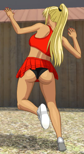 Heather in her red cheerleader outfit, face thrust forward, looking simultaneously hot and threatening