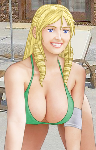 Christine in a skimpy lime-green bikini with a bandaged left elbow, on hands and knees, big boobs dangling enticingly