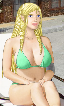 Christine in a skimpy lime-green bikini with a bandaged left elbow, sitting up on a lounge chair on a poolside cool deck