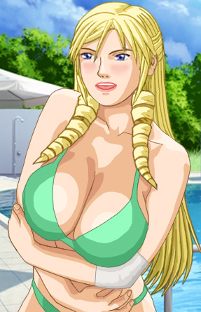 Christine in a skimpy lime-green bikini, arms crossed under her rack, with a bandage on her left elbow