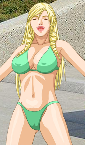 Christine in a skimpy lime-green bikini with a bandaged left elbow, standing in a hot pose with eyes closed and arms held wide, happy and almost exultant, with her engorged pudenda outlined through her bikini bottoms