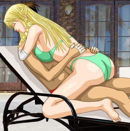 Christine in a skimpy lime-green bikini with a bandaged left elbow, straddling Alan (in red swim trunks) on his lounge chair, pressing her boobs and body tightly against his in a loving hug