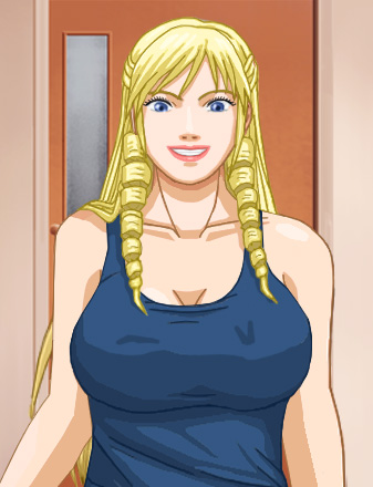 Christine facing Alan, with Alan reaching toward her boobs with his bandaged hands