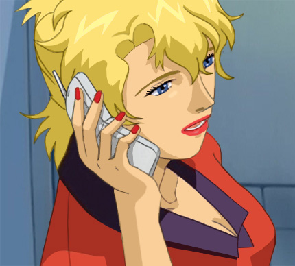 Glory in a suit, standing outside a doorway, talking on a cell phone