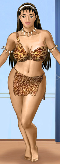 Katherine standing with open arms in a lion-print bra and short, sideless cheetah-print skirt