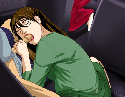 Susan in her green dress in the back seat of a car, licking Alan's dong as it sticks out through his shorts, while Suzanne, in her red dress, drives the car