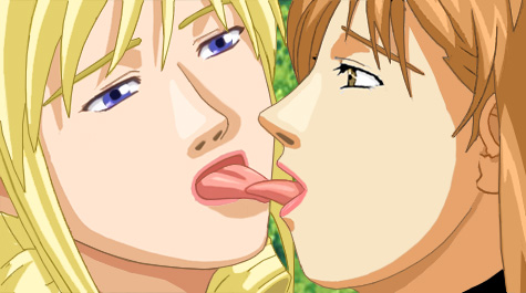 Christine and Amy giving each other obvious tongue