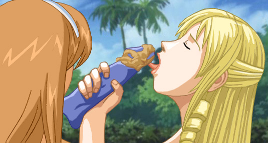 Christine licking peanut butter off the head of a blue dildo, with Amy standing nearby giving guidance on how to pleasure a cock