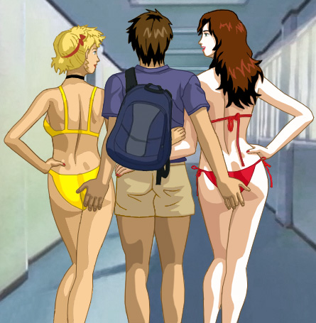 Glory and Suzanne in thier bikinis and Alan in his swim trunks, walking away from the viewer arm in arm with Alan in the middle, with his hands on their butts, their adjacent arms around his waist, and their other arms akimbo
