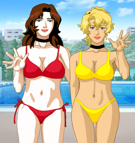 Suzanne and Glory standing in front of a swimming pool in their red and yellow bikinis