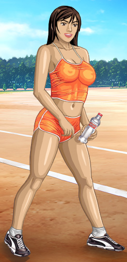 Donna in a tight orange top, shorts and athletic shoes