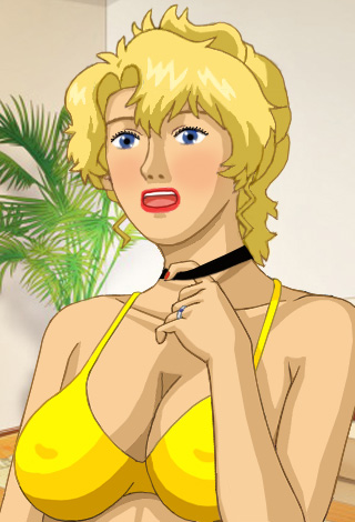 Glory in her yellow bikini, fingering her collar