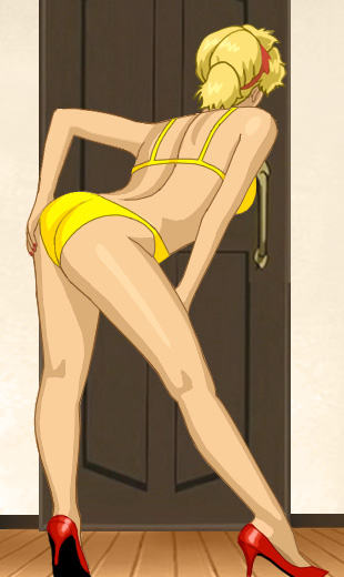 Glory in her yellow bikini and red heels, seen in a back three-quarter view as she leans over