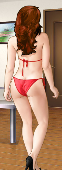 Rear view of Suzanne walking away, wearing just her red string bikini and heels