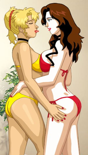 Suzanne pressed up against Glory, nipple to nipple, with Glory's tongue protruding slightly from between her lips, with Suzanne's hands on Glory's ass and Glory's hands on Suzanne's thighs