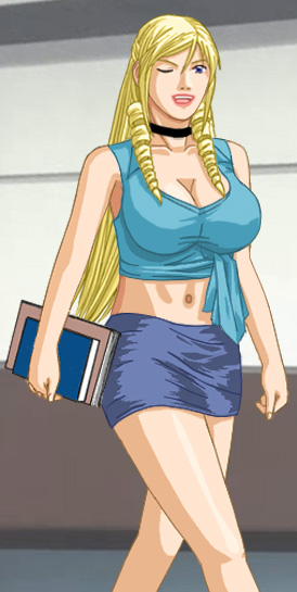 Christine walking in school, carrying books in her right hand, in a short form-hugging teal top and short darker-blue wrap skirt, with bare midriff, apparently braless, with her signature pigtails resting on her boobs, winking at the viewer with her right eye