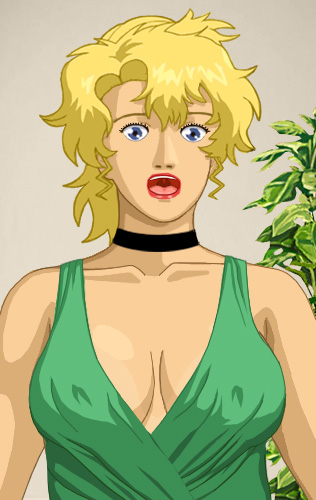 Glory, in her green dress, looking startled