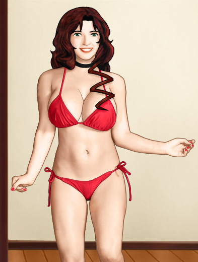 Suzanne standing in her red bikini