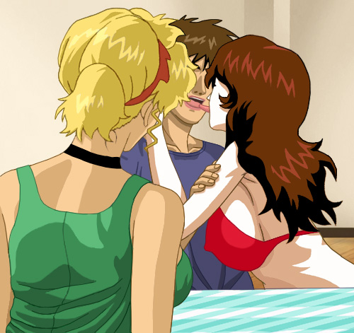 Suzanne in her red bikini, giving Alan tongue while Glory sits across the table from them