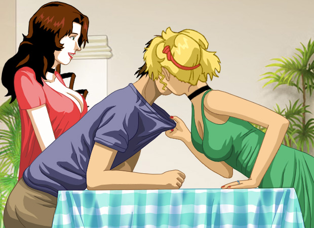 Alan and Glory leaning across the table, kissing, while Suzanne stealth strokes Alan