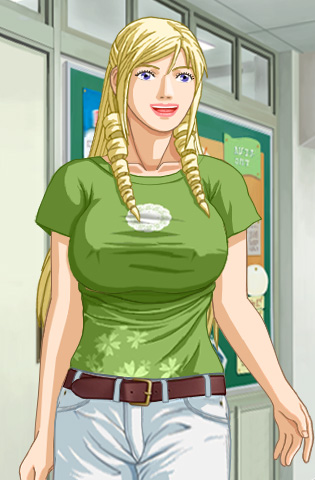 A glowing Christine, dressed in a lime green T-shirt and white pants, held up by a brown belt