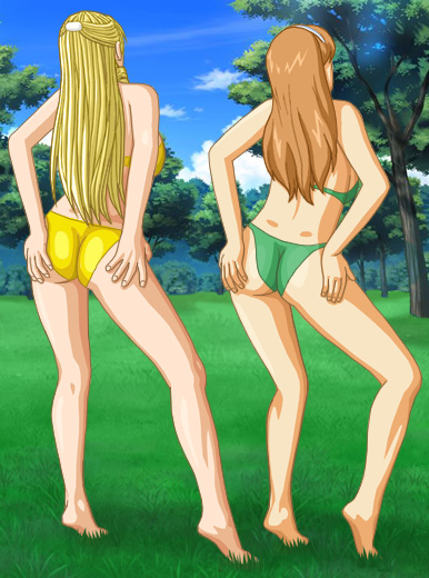 Christine and Amy showing us their backs while they wear their bikinis
