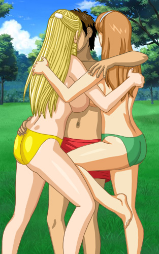 Christine and Amy hugging Alan, with the girls wearing bikini bottoms and Alan wearing short swim trunks