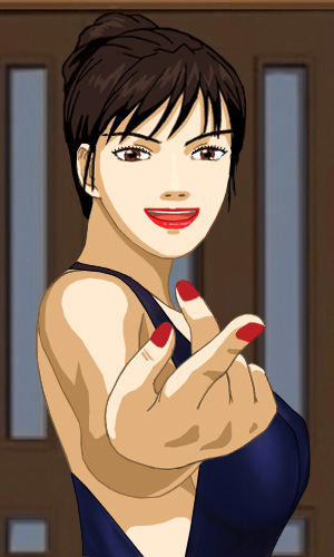 Akami pointing a finger at the reader