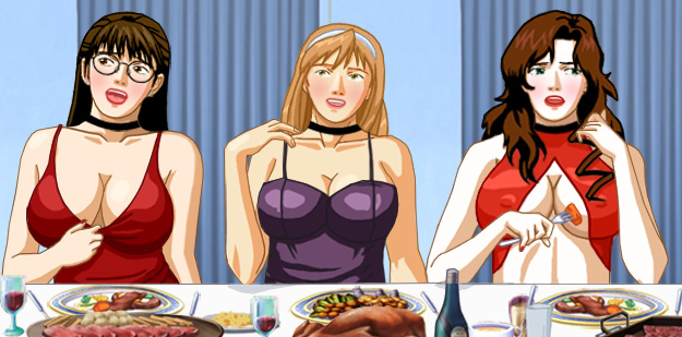 Susan, Suzanne and Amy, all in a row sitting at a table in front of full dinner plates, all gorgeously dressed in form-hugging gowns