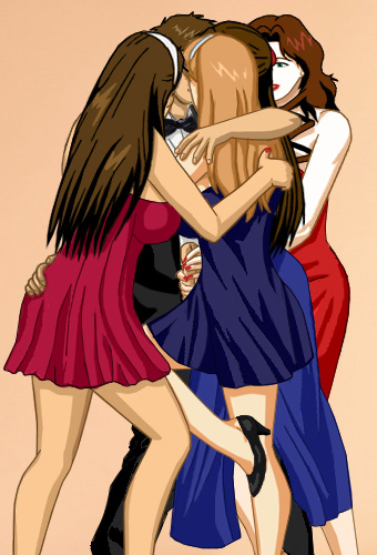 Kat, Amy, Susan and Suzanne all standing naked, hugging a clothed Alan