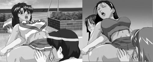 Split picture: left half is anime source material; right half is transformed version, showing Amy doing Kat